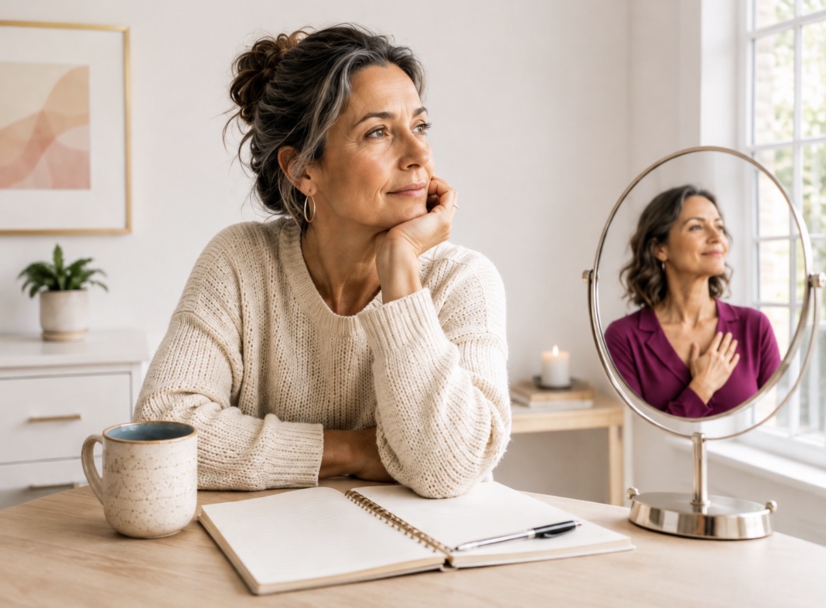 A woman in her 40s sitting quietly at a desk, reflecting with a notebook and a cup